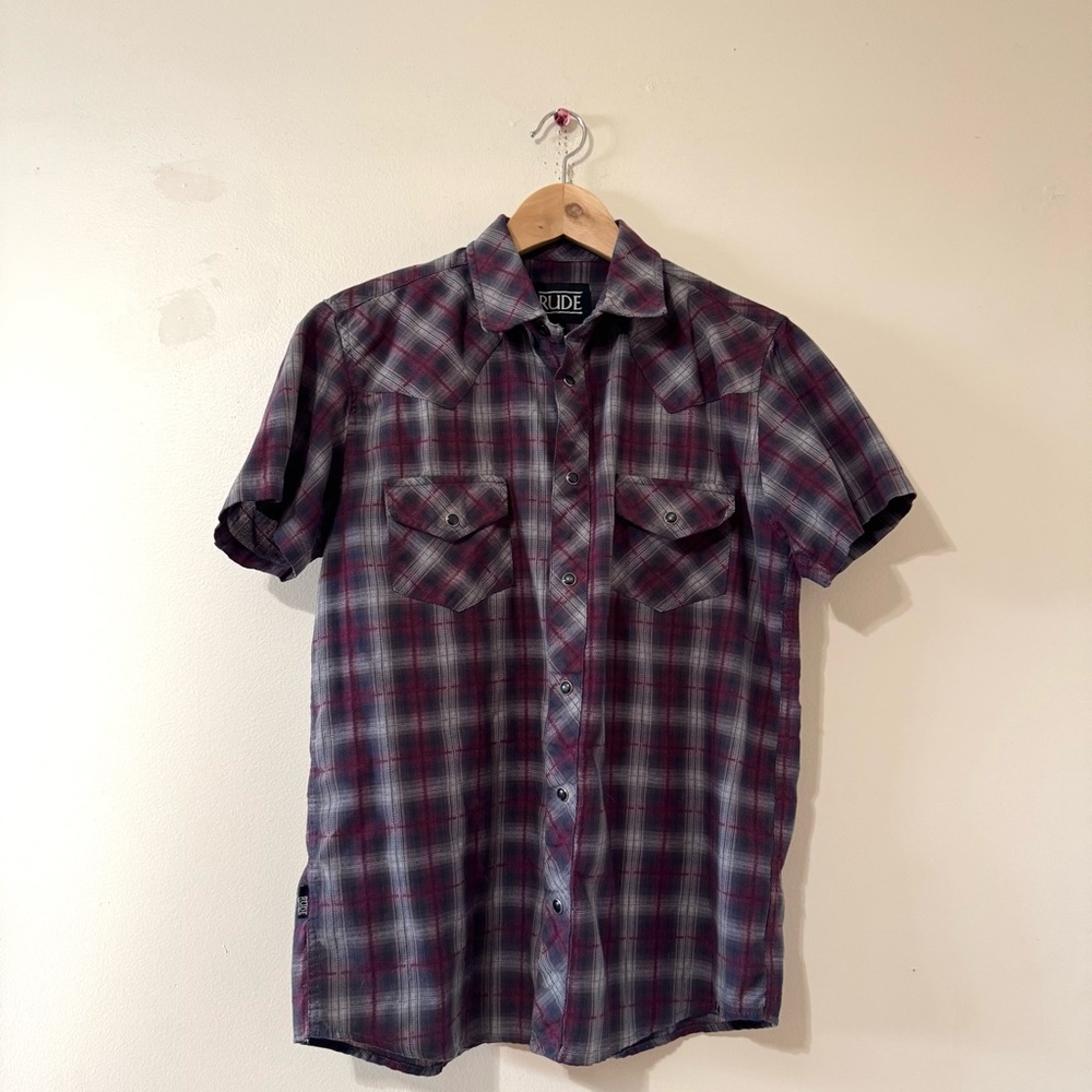 RUDE Men's Casual Plaid Button Down Shirt Purple Gray Short Sleeve Small